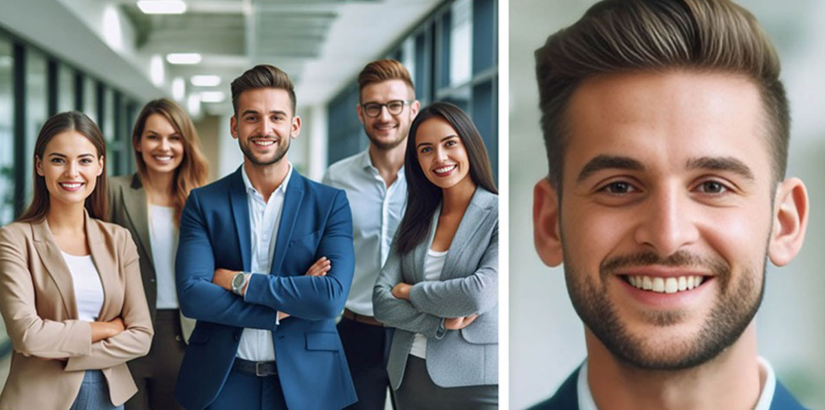 Group of 5 young adults on the left and a closeup on the right.