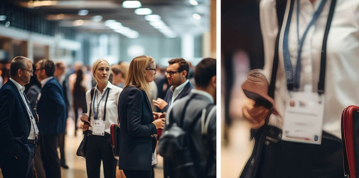 A crowd of people in a room on the left and a closeup of the womans hand holding an unrecognisable object.