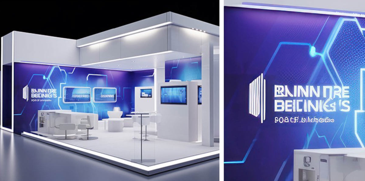 An exhibition stand with distorted banner text.