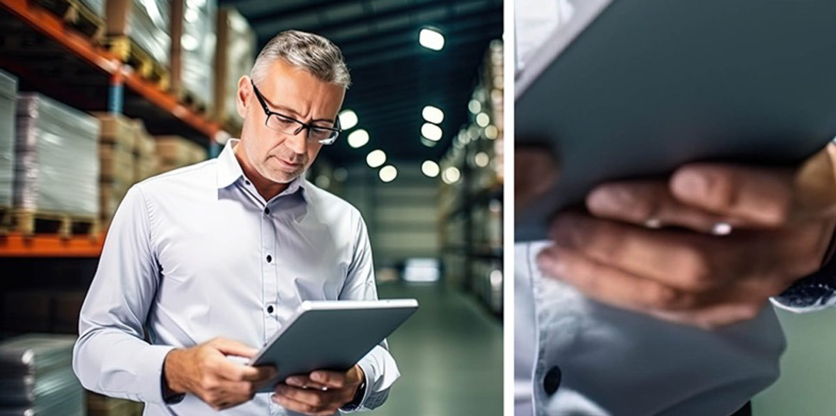 A man holding a tablet standing in a warehouse aisle.