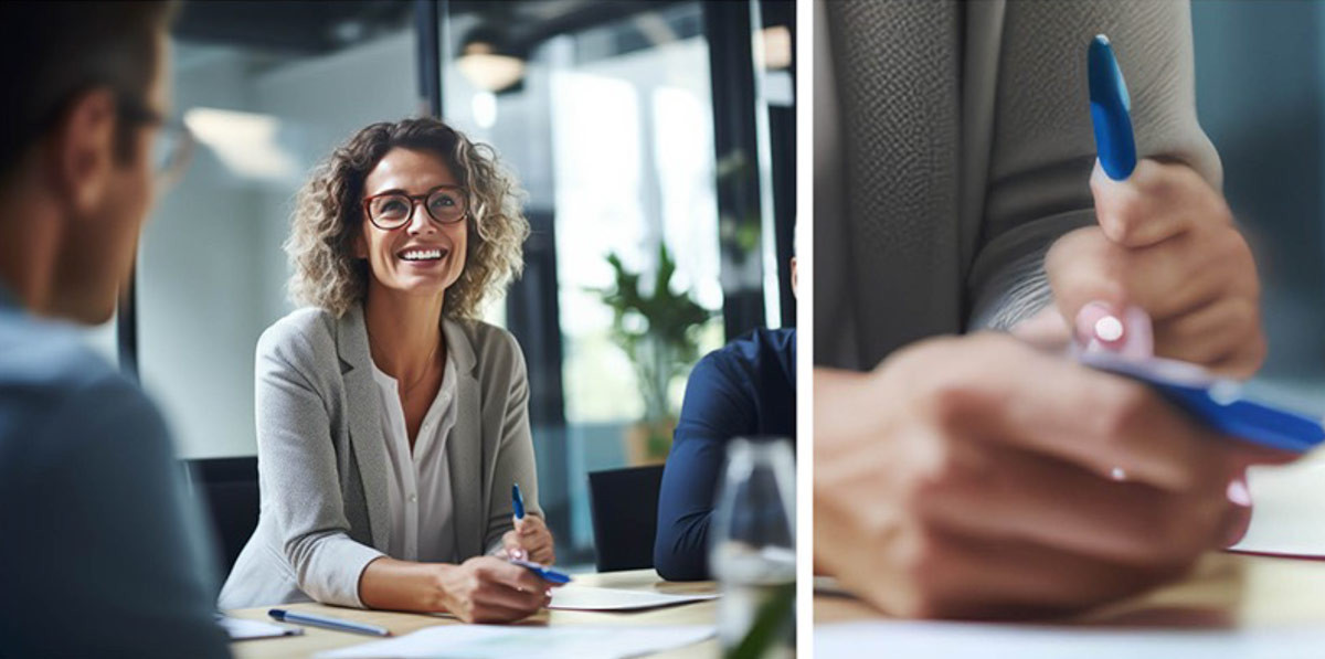 A woman sitting at a desk holding two pens.