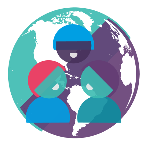 A globe behind a group of three people