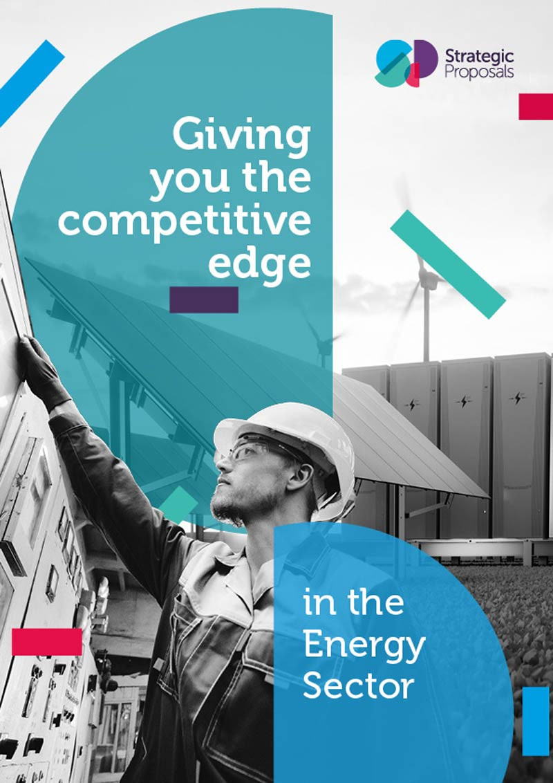 Front cover of our sector brochure showing a man pressing buttons on a large dashboard with a renewable energy sources background